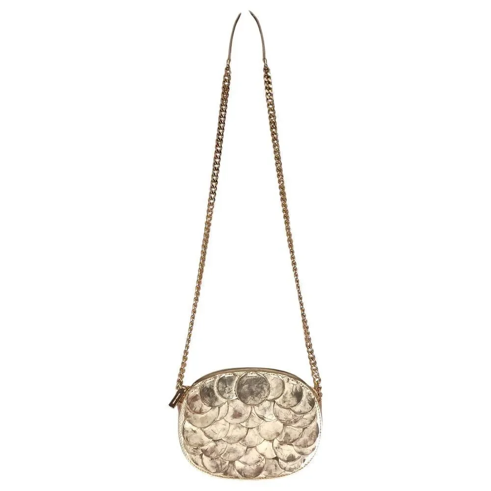Michael Kors Handbag Small Womens Gold Leather Crossbody Chain Strap Fabric Zip